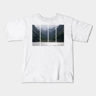 Wonderful landscapes in Norway. Vestland. Beautiful scenery of Buerbreen glacier. Sandvevatnet lake. Mountains, trees, rocks and houses in background. Cloudy day Kids T-Shirt